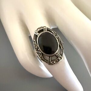 VTG Art Deco Style Sterling Silver Onyx Marcasite Ring